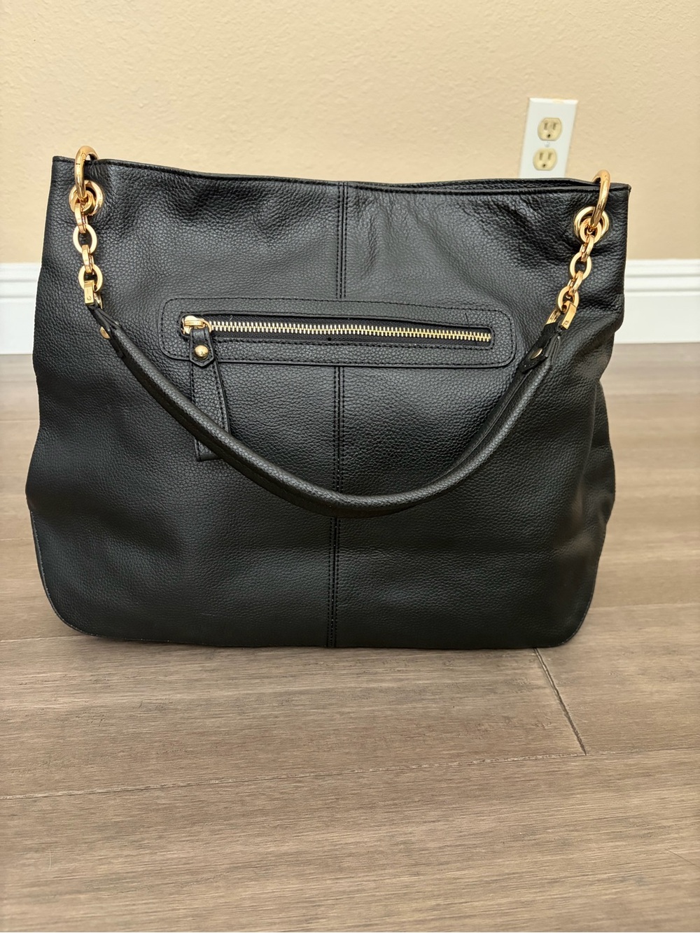 Classic Leather Black Shoulder Tote with Gold Chain Accents-18”x12”